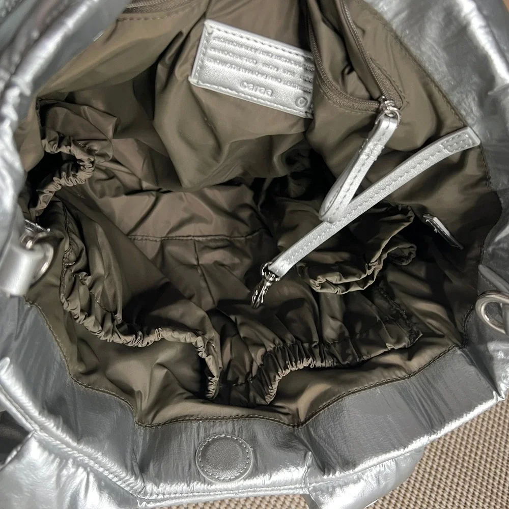 Caraa Metallic Silver Puffer Tote Bag‎ Nylon Feather Handcrafted Padded Handbag